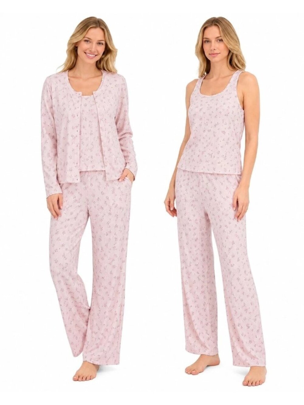 Live 2 Lounge Floral Pajama Set - Top Cardigan & Pants - Womens M - Pink Floral